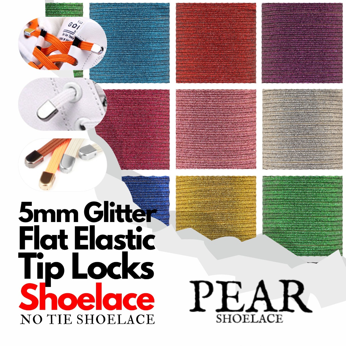 Tip Lock - 5mm - Glitter Elastic No Tie Shoelaces